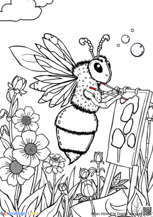 Bee Painting Flowers Coloring Page