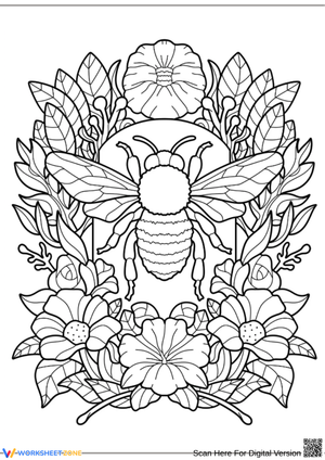 Beautifully Detailed Floral Bee with Flowers Coloring Page