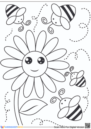 Happy Flower and Bees Coloring Sheet
