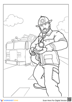 Firefighter with Hose and Truck Coloring Page