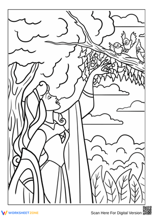 Sleeping Beauty with Birds Coloring Page