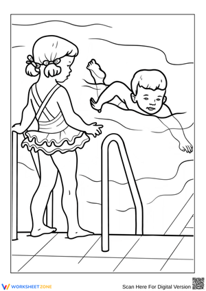 Swimming Lesson Coloring Page for Kids