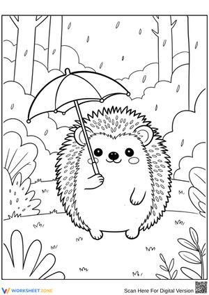 Cute Hedgehog on Rainy Day Adventure Coloring Page