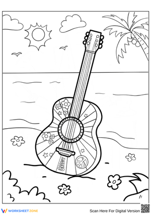 Beach Vibes with Decorated Acoustic Guitar Coloring Page