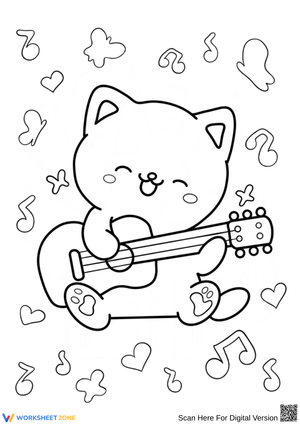 Cute Cat Playing Guitar Music Fun Coloring Page