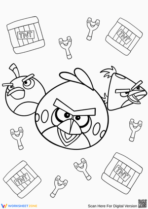 Angry Birds Coloring Page with Slingshots and TNT
