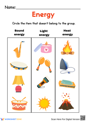 Energy Odd One Out Worksheet for Kids