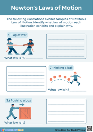 Newton’s Laws of Motion Worksheet with Tug of War, Ball, and Box