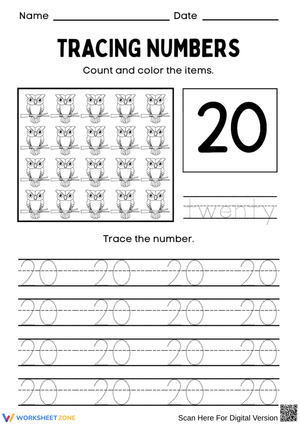 Number 20 Tracing and Counting Worksheet