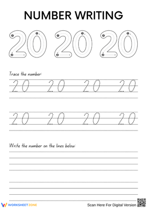 Number 20 Writing Practice Worksheet