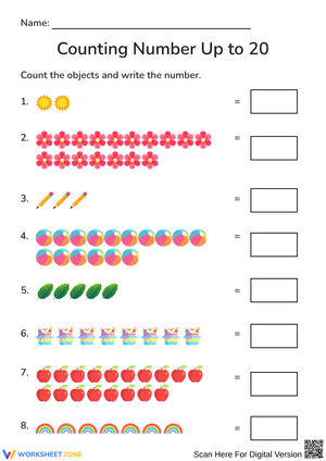 Counting to 20 Objects Worksheet for Kids