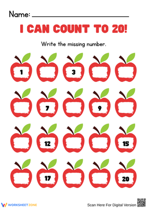 Counting to 20 Missing Numbers Worksheet for Kids