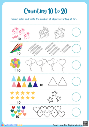 Counting 10 to 20 Worksheet for Kids