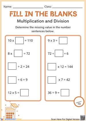 Fill in the Blanks Multiplication & Division Worksheet