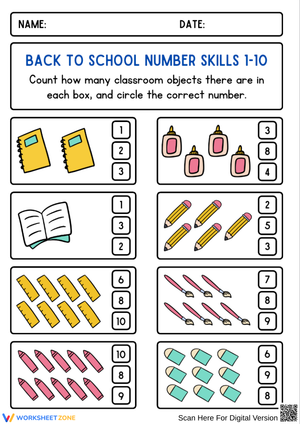 Back to School Counting to 10 Worksheet for Kids
