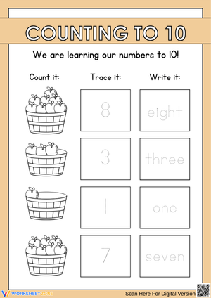 Counting to 10 – Trace, Count, and Write Numbers Worksheet