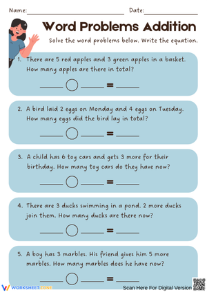 Word Problems Addition Worksheet for Kids