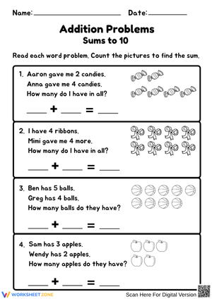 Addition Word Problems Sums to 10 Worksheet