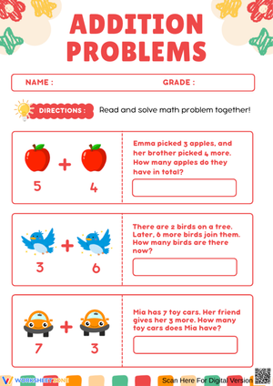 Addition Word Problems Worksheet for Kids