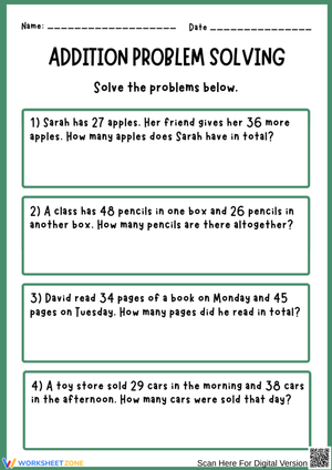 Addition Problem Solving Worksheet with Word Problems