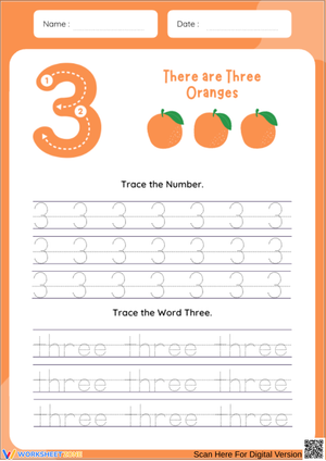Number 3 Tracing Worksheet with Oranges