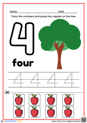 Trace and Count Number 4 Worksheet with Apples