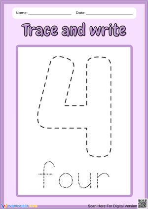 Trace and Write Number 4 Worksheet