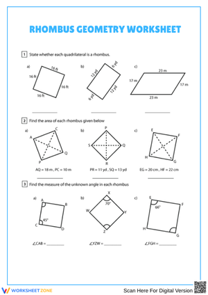 Rhombus Geometry Worksheet: Identify, Area & Angles