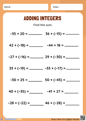 Adding Integers Practice Worksheet