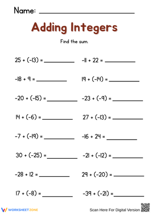 Adding Integers Worksheet – Find the Sum