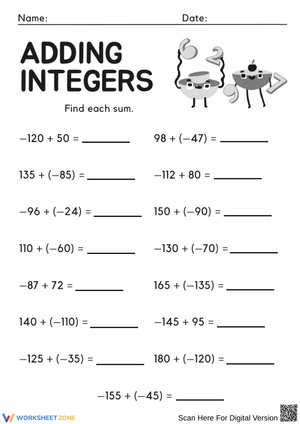Adding Integers Worksheet with Mixed Positive and Negative Numbers