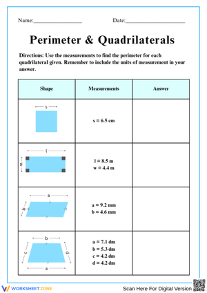 Perimeter and Quadrilaterals Worksheet