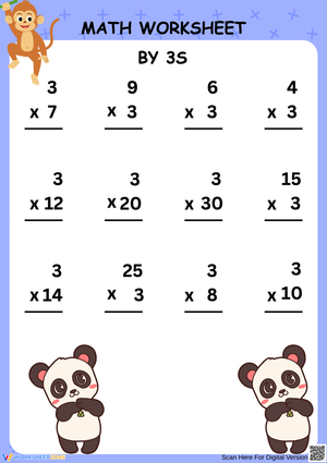 Multiply by 3s Worksheet with Panda Theme