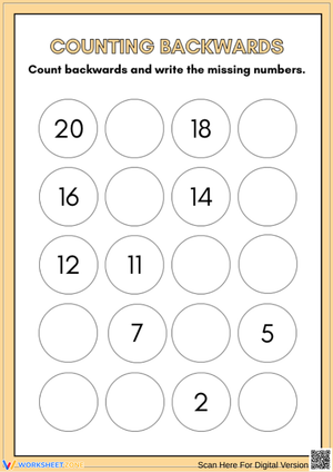 Backward Counting Numbers Practice Worksheet