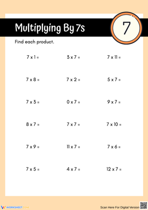 Multiplying by 7s Worksheet – Find the Product