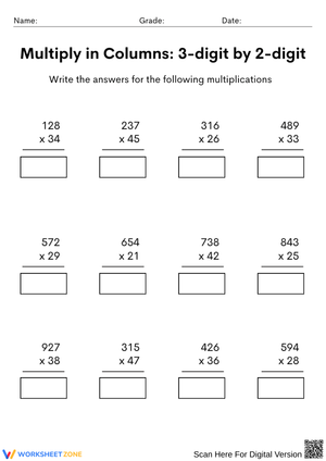 3 by 2 Multiplication Column Worksheet