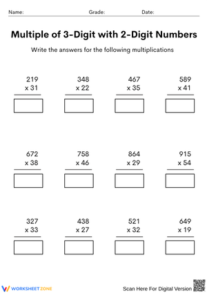 3 by 2 Multiplication Worksheet with Answers