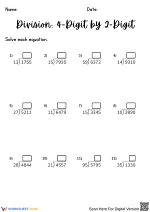 4 by 2 Division Worksheet with Practice Problems