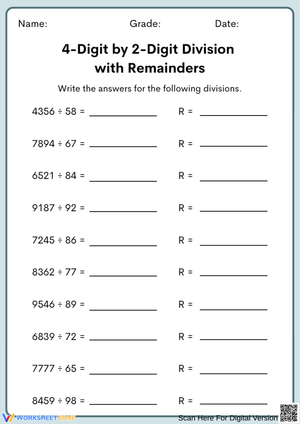 4 by 2 Division Worksheet with Remainders