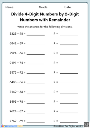 4 by 2 Division Worksheet with Quotient and Remainder