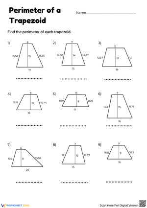 Geometry Worksheet: Find the Perimeter of Trapezoids