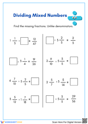 Dividing Mixed Numbers – Missing Fractions Worksheet