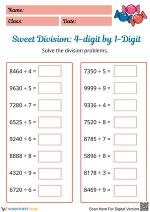 Sweet Division: 4 by 1 Division Worksheet
