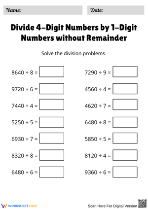 4 by 1 Division Without Remainders Worksheet