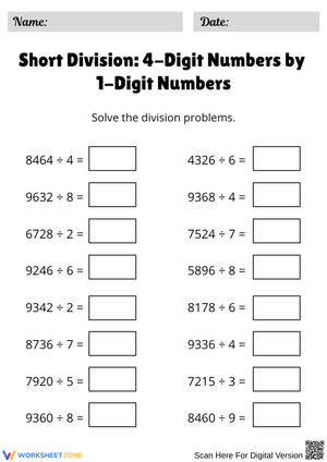 4 by 1 Division Short Division Worksheet