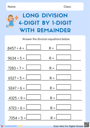 4 by 1 Division with Remainders Worksheet