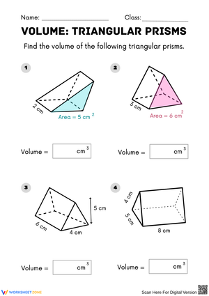 Volume of Triangular Prisms - Printable worksheet