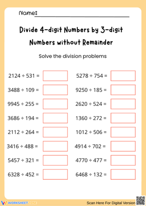 Divide 4-Digit Numbers by 3-Digit Numbers Worksheet