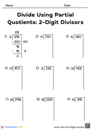 Divide Using Partial Quotients with 2-Digit Divisors