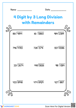 4-Digit by 3-Digit Division with Remainders Worksheet